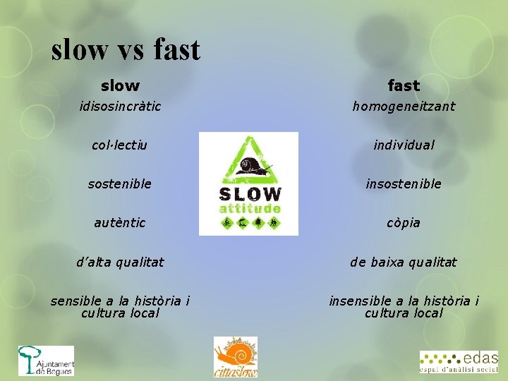 slow vs fast slow fast idisosincràtic homogeneitzant col·lectiu individual sostenible insostenible autèntic còpia d’alta