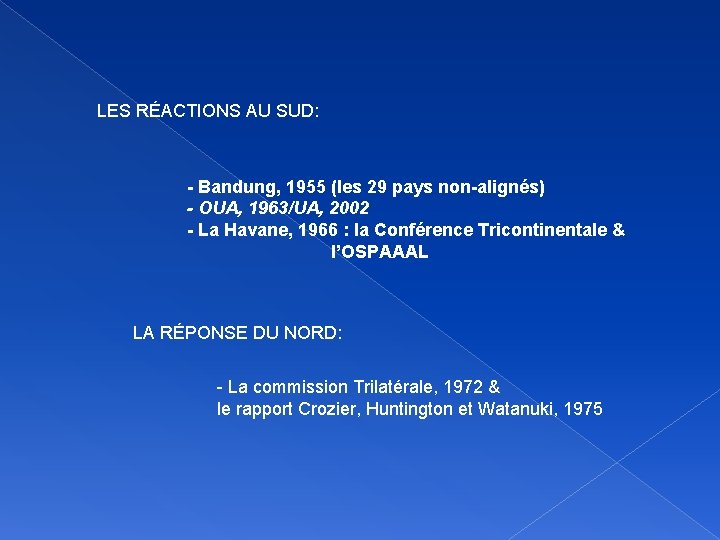LES RÉACTIONS AU SUD: - Bandung, 1955 (les 29 pays non-alignés) - OUA, 1963/UA,