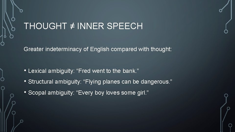 THOUGHT ≠ INNER SPEECH Greater indeterminacy of English compared with thought: • Lexical ambiguity: