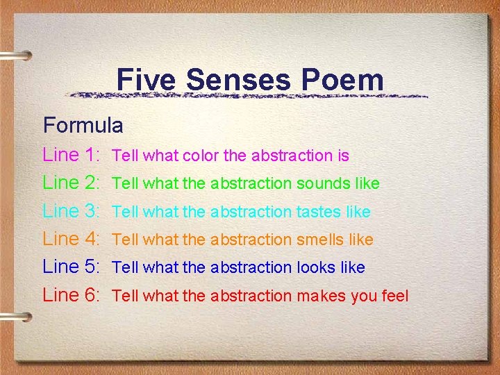 Five Senses Poem Formula Line 1: Line 2: Line 3: Line 4: Line 5: