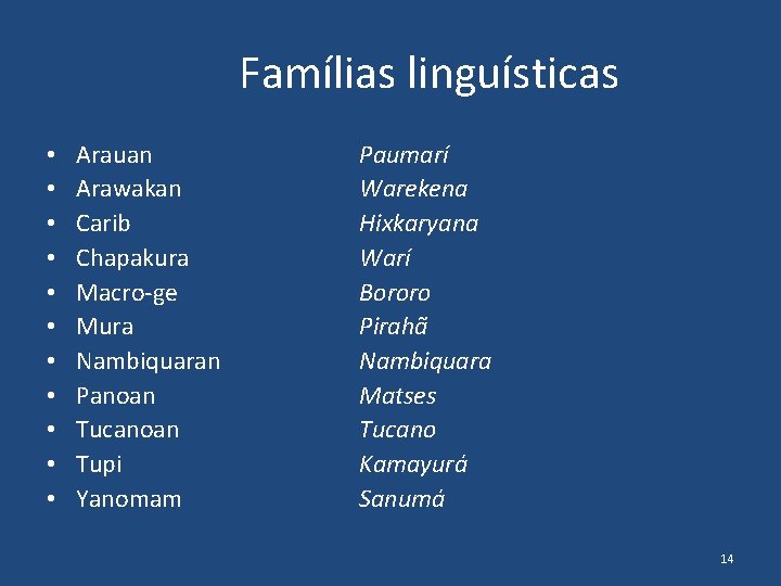 Famílias linguísticas • • • Arauan Arawakan Carib Chapakura Macro-ge Mura Nambiquaran Panoan Tucanoan