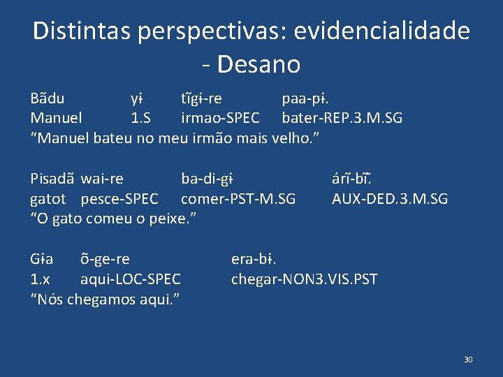 Distintas perspectivas: evidencialidade - Desano Bãdu yɨ tĩgɨ-re paa-pɨ. Manuel 1. S irmao-SPEC bater-REP.