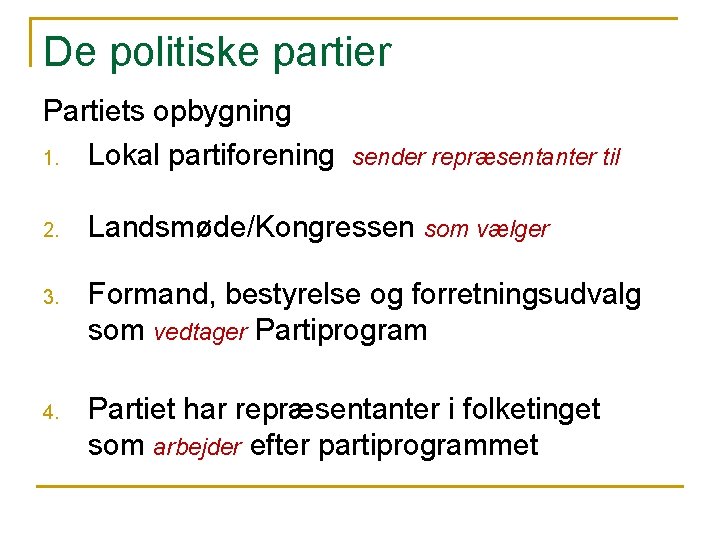 De politiske partier Partiets opbygning 1. Lokal partiforening sender repræsentanter til 2. Landsmøde/Kongressen som