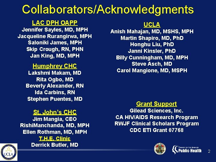 Collaborators/Acknowledgments LAC DPH OAPP Jennifer Sayles, MD, MPH Jacqueline Rurangirwa, MPH Saloniki James, MPH