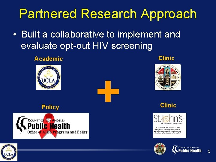 Partnered Research Approach • Built a collaborative to implement and evaluate opt-out HIV screening