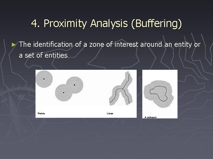 4. Proximity Analysis (Buffering) ► The identification of a zone of interest around an