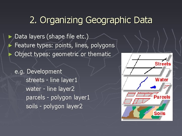 2. Organizing Geographic Data layers (shape file etc. ) ► Feature types: points, lines,