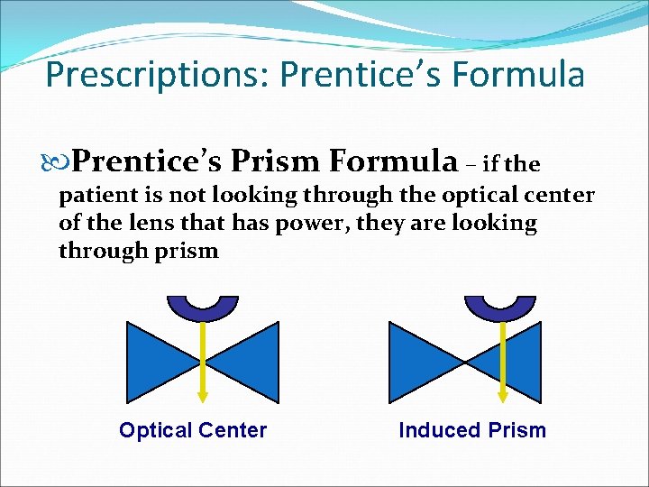 Prescriptions: Prentice’s Formula Prentice’s Prism Formula – if the patient is not looking through