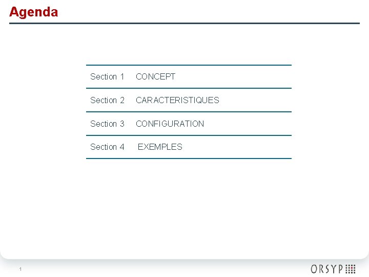 Agenda 1 Section 1 CONCEPT Section 2 CARACTERISTIQUES Section 3 CONFIGURATION Section 4 EXEMPLES