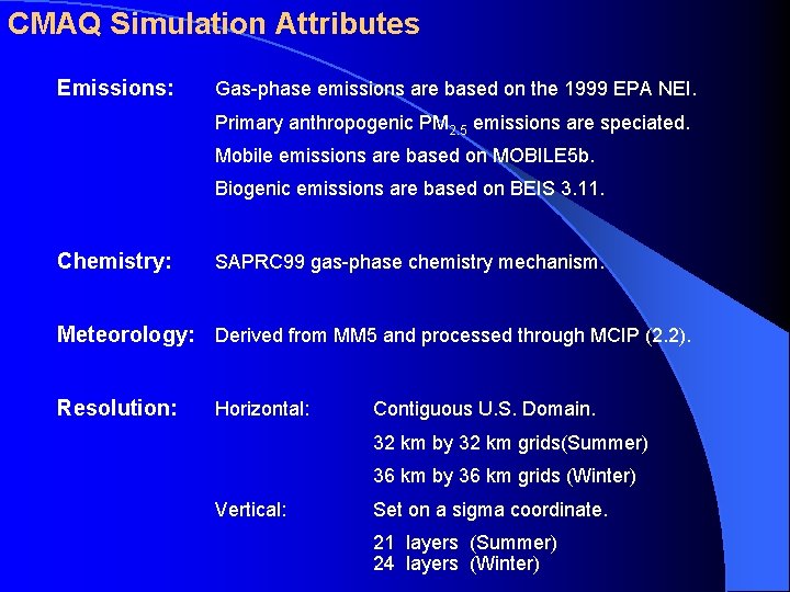 CMAQ Simulation Attributes Emissions: Gas-phase emissions are based on the 1999 EPA NEI. Primary