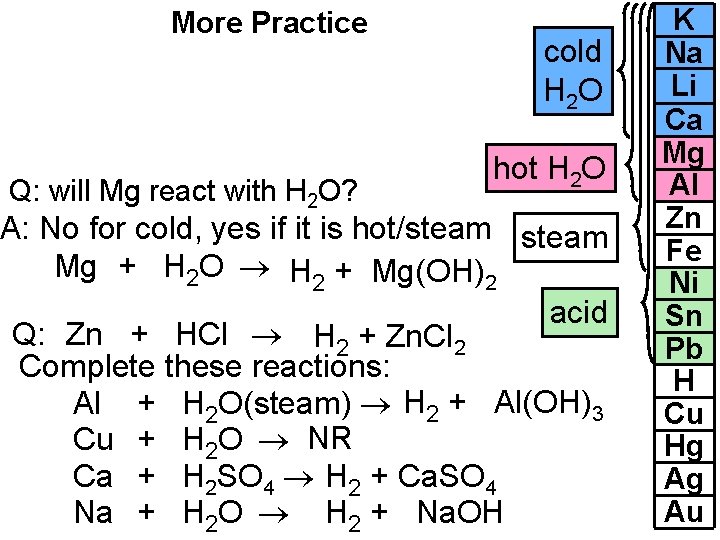 More Practice Q: will Mg react with H 2 O? cold H 2 O