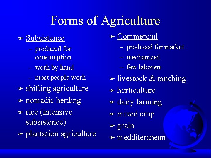 Forms of Agriculture F Subsistence – produced for consumption – work by hand –