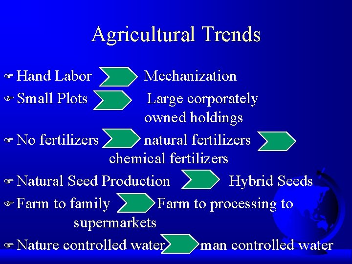 Agricultural Trends F Hand Labor F Small Plots Mechanization Large corporately owned holdings F