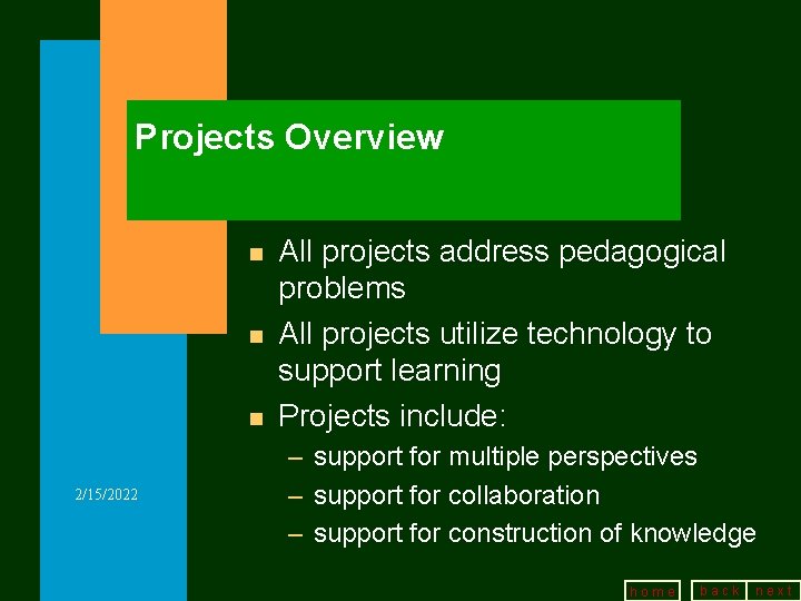 Projects Overview n n n 2/15/2022 All projects address pedagogical problems All projects utilize