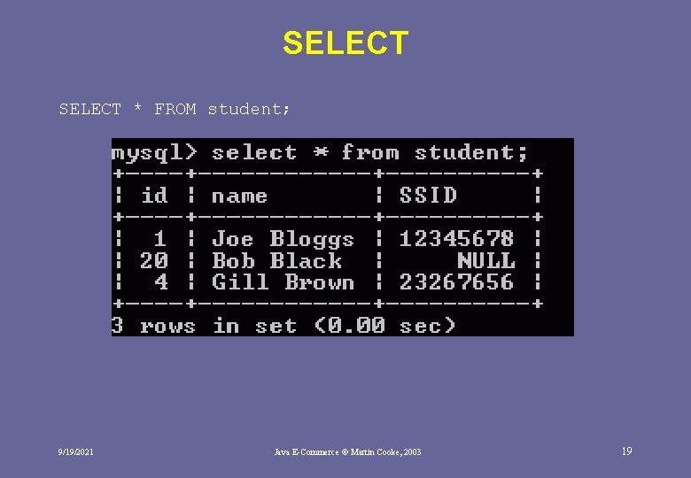 SELECT * FROM student; 9/19/2021 Java E-Commerce © Martin Cooke, 2003 19 