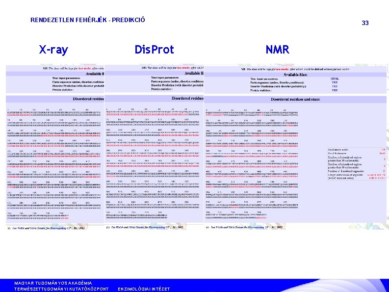 RENDEZETLEN FEHÉRJÉK - PREDIKCIÓ X-ray MAGYAR TUDOMÁNYOS AKADÉMIA TERMÉSZETTUDOMÁNYI KUTATÓKÖZPONT Dis. Prot ANYAG- ÉS