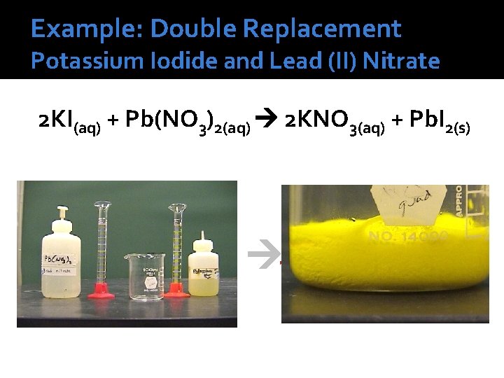 Example: Double Replacement Potassium Iodide and Lead (II) Nitrate 2 KI(aq) + Pb(NO 3)2(aq)