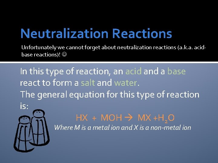 Neutralization Reactions Unfortunately we cannot forget about neutralization reactions (a. k. a. acidbase reactions)!