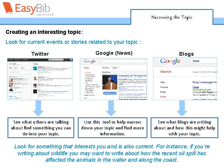 Narrowing the Topic Creating an interesting topic: Look for current events or stories related