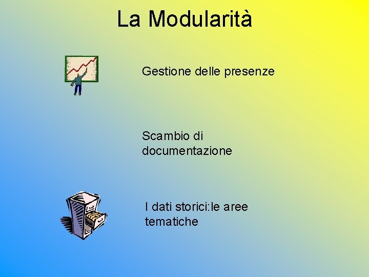 La Modularità Gestione delle presenze Scambio di documentazione I dati storici: le aree tematiche