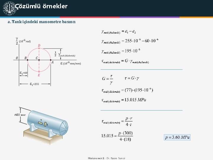 Çözümlü örnekler a. Tank içindeki manometre basıncı Mukavemet II - Dr. Rasim Temür 