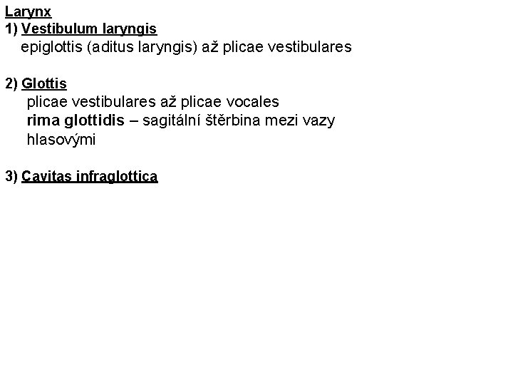 Larynx 1) Vestibulum laryngis epiglottis (aditus laryngis) až plicae vestibulares 2) Glottis plicae vestibulares