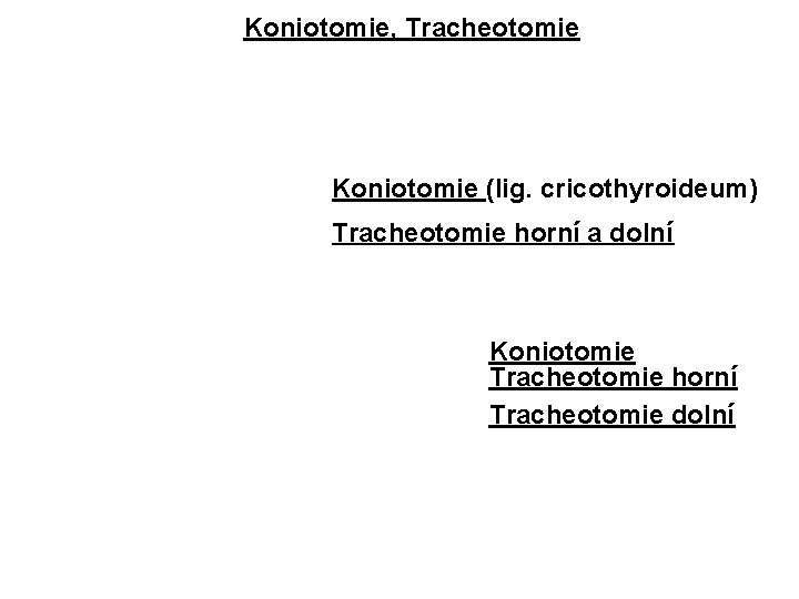 Koniotomie, Tracheotomie Koniotomie (lig. cricothyroideum) Tracheotomie horní a dolní Koniotomie Tracheotomie horní Tracheotomie dolní