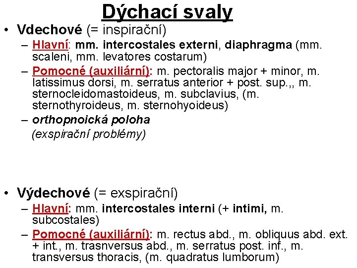 Dýchací svaly • Vdechové (= inspirační) – Hlavní: mm. intercostales externi, diaphragma (mm. scaleni,