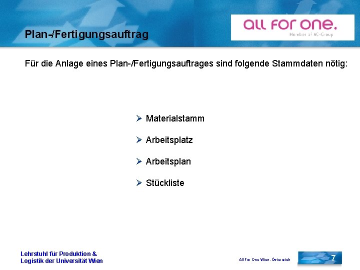 Plan-/Fertigungsauftrag Für die Anlage eines Plan-/Fertigungsauftrages sind folgende Stammdaten nötig: Ø Materialstamm Ø Arbeitsplatz