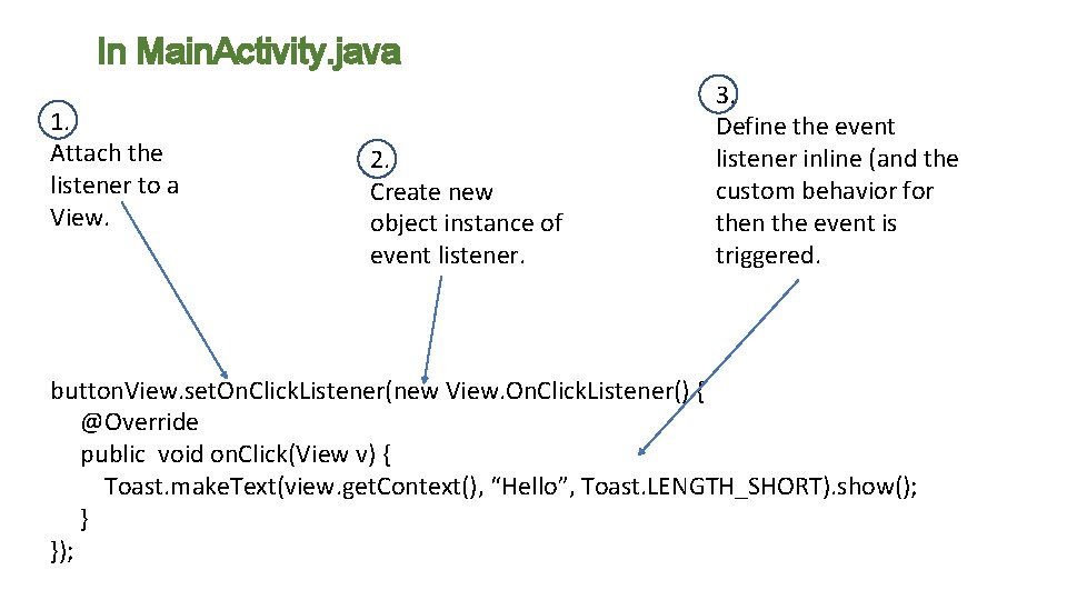 In Main. Activity. java 1. Attach the listener to a View. 2. Create new