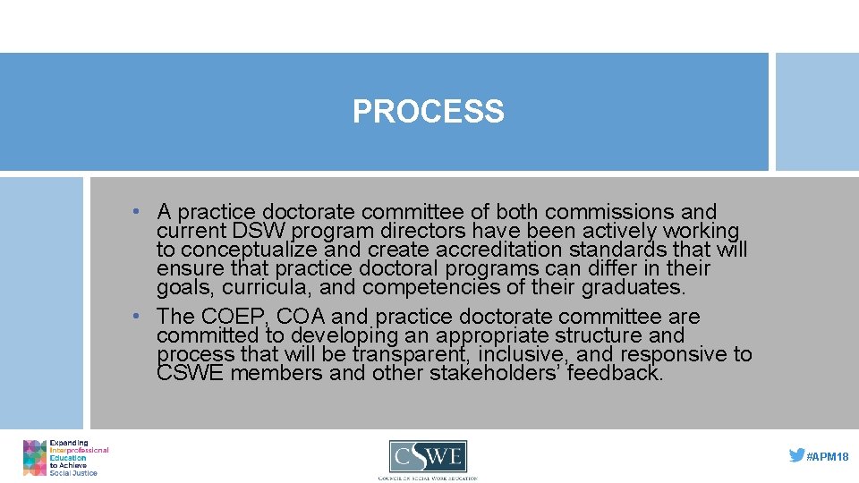 PROCESS • A practice doctorate committee of both commissions and current DSW program directors