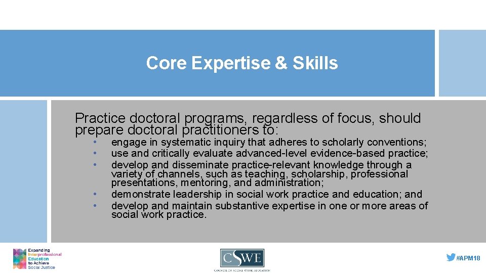 Core Expertise & Skills Practice doctoral programs, regardless of focus, should prepare doctoral practitioners