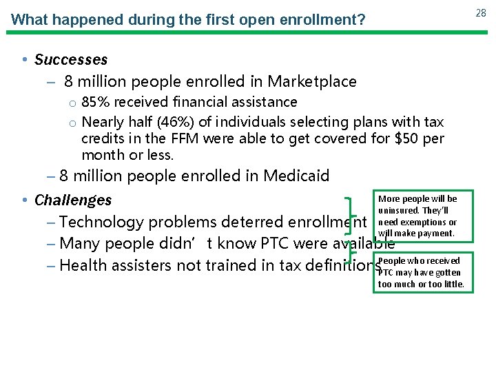 28 What happened during the first open enrollment? • Successes – 8 million people 28 What happened during the first open enrollment? • Successes – 8 million people