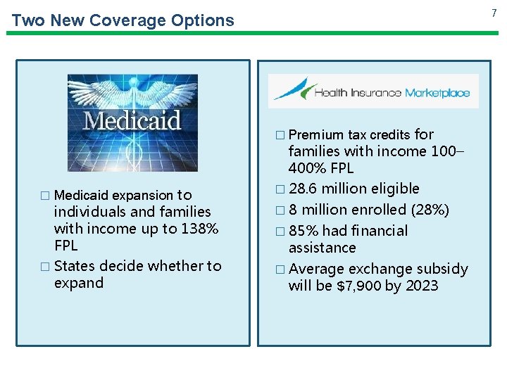 7 Two New Coverage Options � Premium tax credits for � Medicaid expansion to 7 Two New Coverage Options � Premium tax credits for � Medicaid expansion to