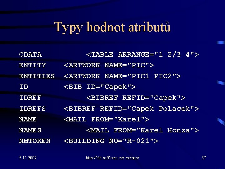 Typy hodnot atributů CDATA ENTITY ENTITIES ID IDREFS NAMES NMTOKEN 5. 11. 2002 <TABLE