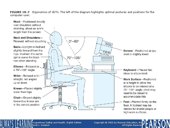 FIGURE 10– 7 Ergonomics of VDTs. The left of the diagram highlights optimal postures