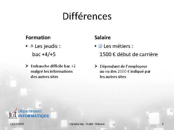 Différences Formation • Salaire Les jeudis : bac +4/+5 • Ø Embauche difficile bac