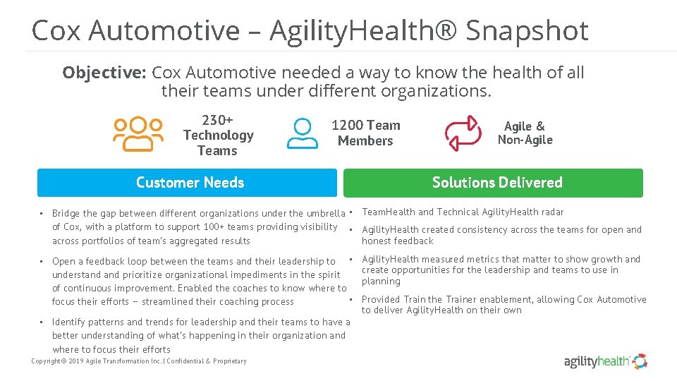 Cox Automotive – Agility. Health® Snapshot Objective: Cox Automotive needed a way to know