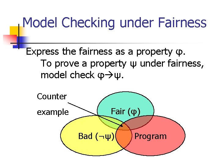 Model Checking under Fairness Express the fairness as a property φ. To prove a