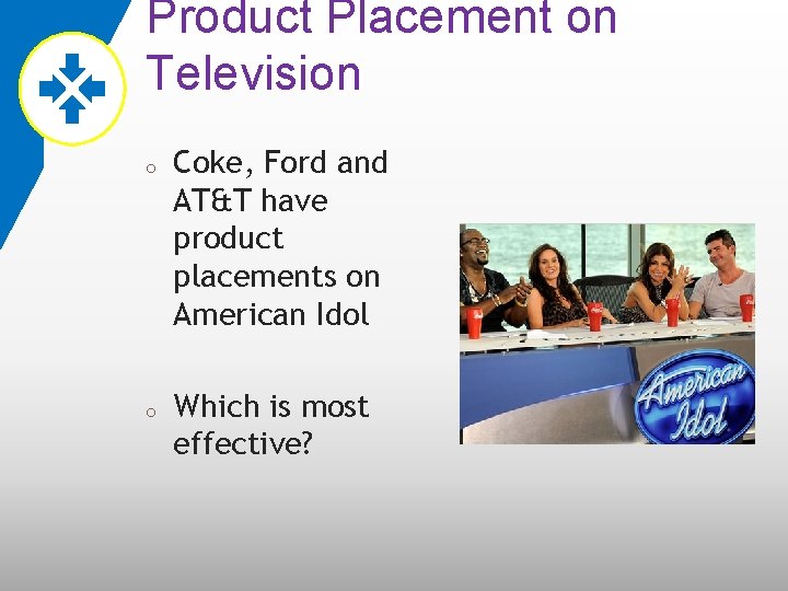 Product Placement on Television o o Coke, Ford and AT&T have product placements on