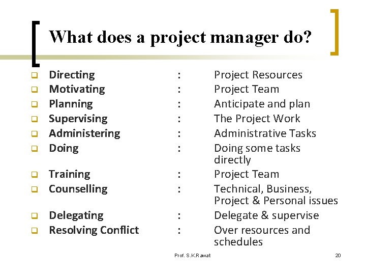 What does a project manager do? q q q q q Directing Motivating Planning