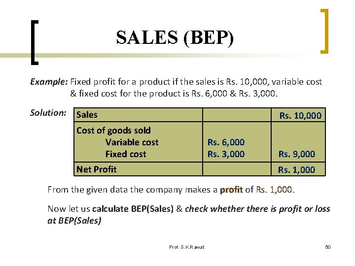 SALES (BEP) Example: Fixed profit for a product if the sales is Rs. 10,