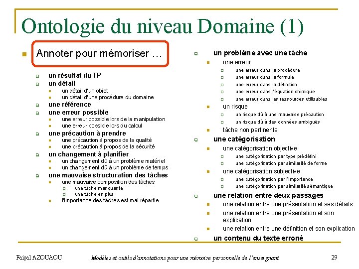 Ontologie du niveau Domaine (1) n Annoter pour mémoriser … un problème avec une