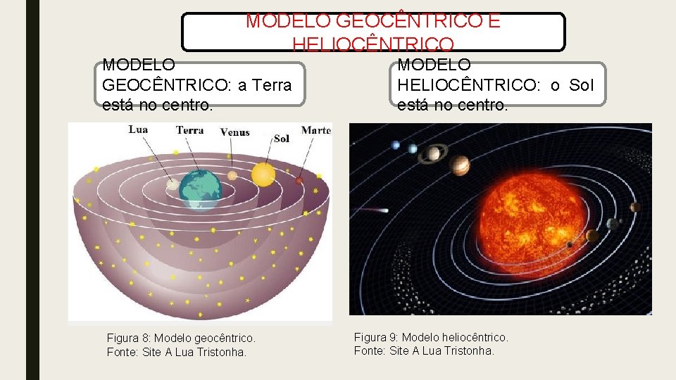 MODELO GEOCÊNTRICO E HELIOCÊNTRICO MODELO GEOCÊNTRICO: a Terra está no centro. Figura 8: Modelo