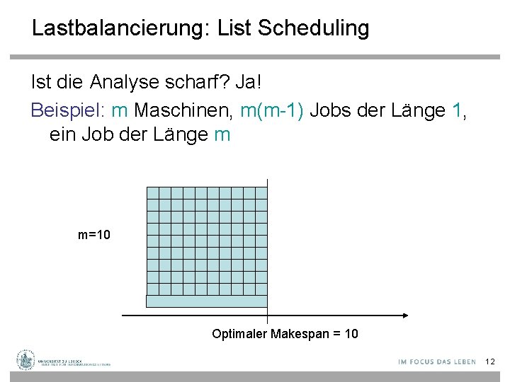 Lastbalancierung: List Scheduling Ist die Analyse scharf? Ja! Beispiel: m Maschinen, m(m-1) Jobs der