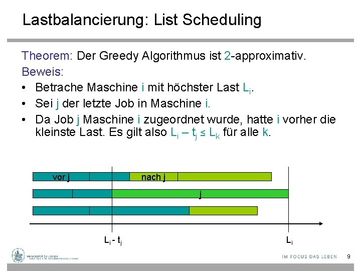 Lastbalancierung: List Scheduling Theorem: Der Greedy Algorithmus ist 2 -approximativ. Beweis: • Betrache Maschine