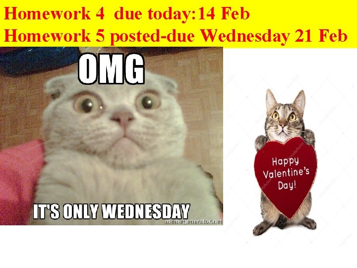 Homework 4 due today: 14 Feb Homework 5 posted-due Wednesday 21 Feb 