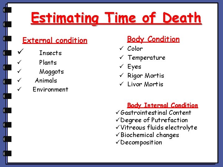 Estimating Time of Death Body Condition External condition ü Insects ü ü Plants Maggots