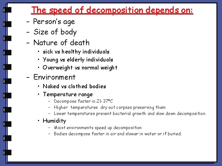 The speed of decomposition depends on: – Person’s age – Size of body –