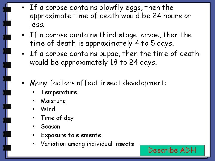  • If a corpse contains blowfly eggs, then the approximate time of death